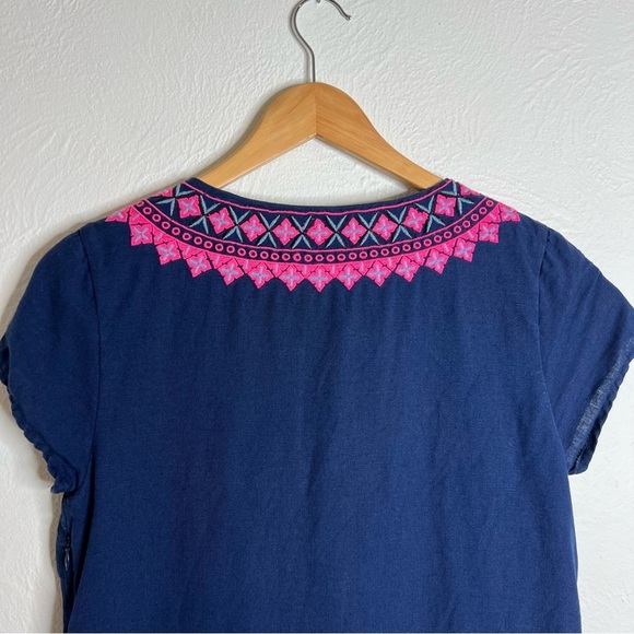 Vineyard Vines Navy Embroidered Dress Pink Geometric Cotton Linen Blend Size 4 - Picture 2 of 14